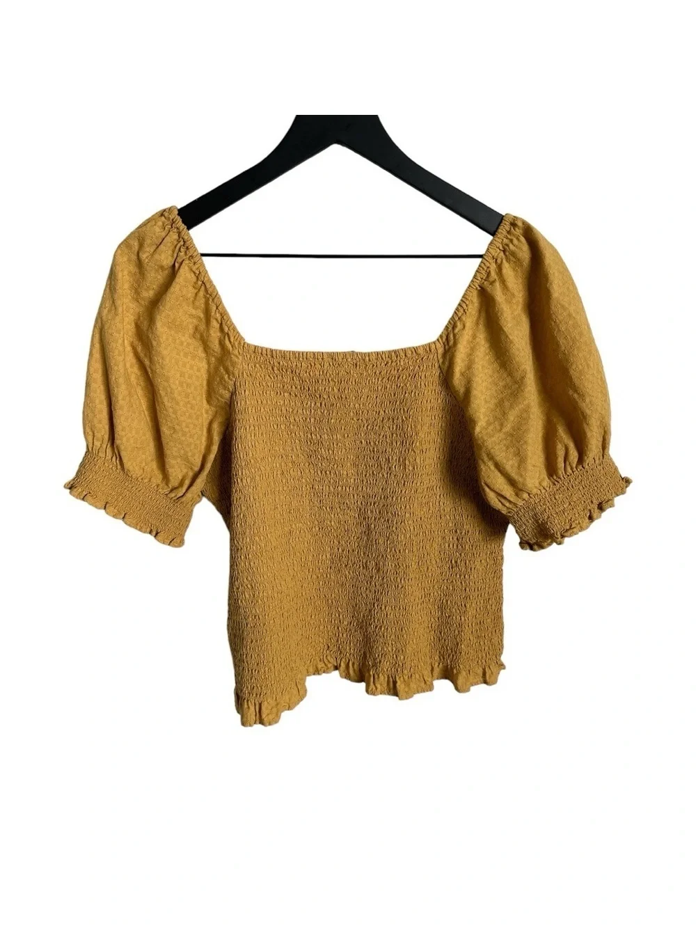 MADEWELL Large Lucie Puff Sleeve Smocked Bodice Top in mustard yellow